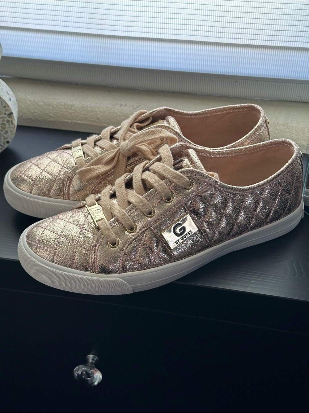 G by Guess Metallic Rose Gold Quilted Lace-Up Sneakers